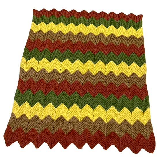 Crocheted Afghan Vintage Chevron Pattern 70's Yellow Orange Brown Green Homemade - Picture 2 of 6
